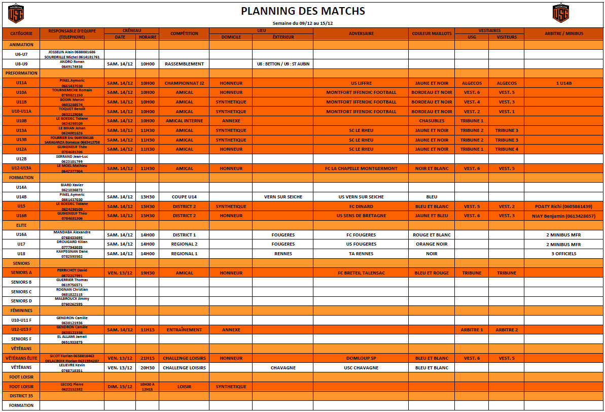 Planning des matchs du 09-12 au 15-12