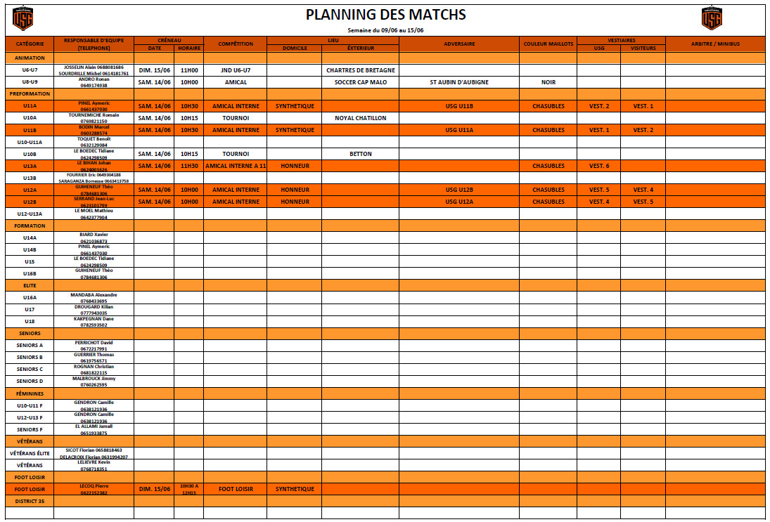 Planning des matchs du 09-06 au 15-06