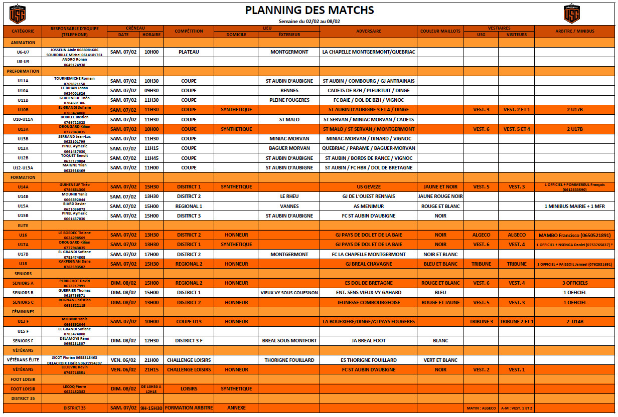 Planning des matchs du 02-02 au 08-02