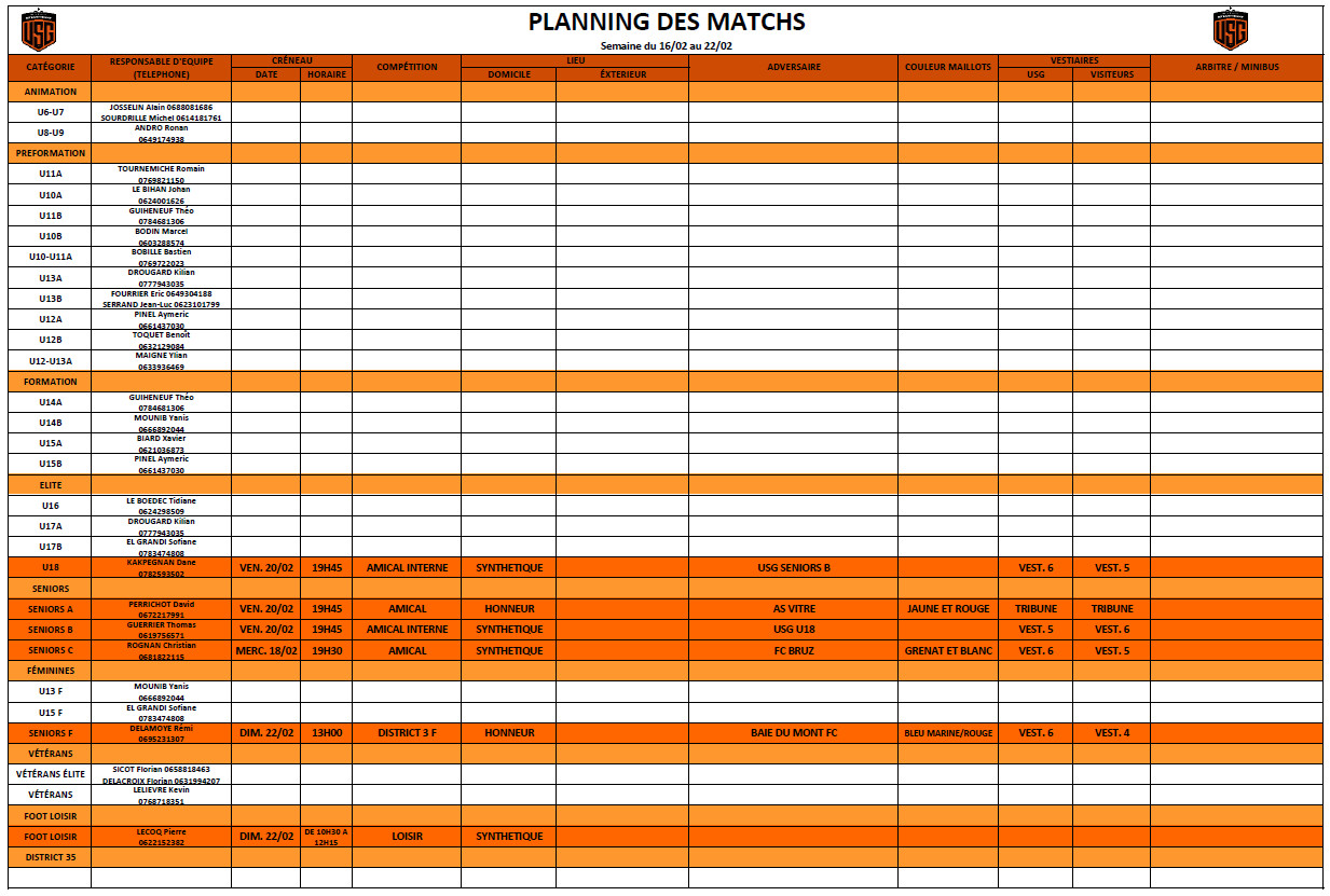 Planning des matchs du 16-02 au 22-02