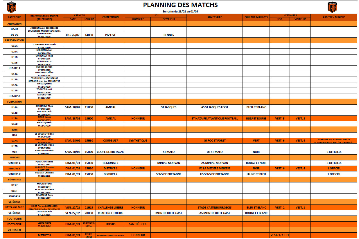 Planning des matchs du 23-02 au 01-03