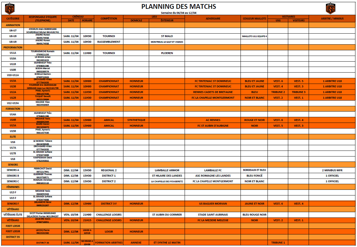 Planning des matchs du 06-04 au 12-04