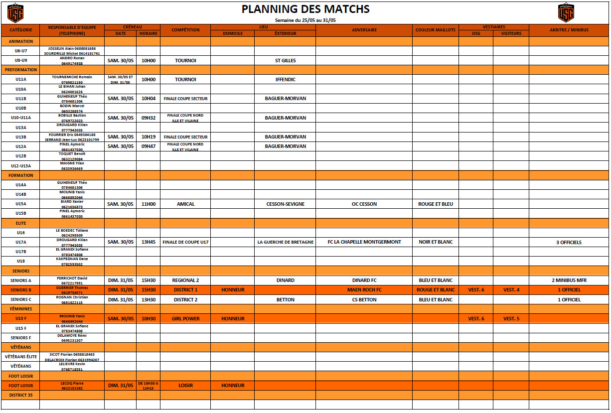 Planning des matchs du 25-05 au 31-05
